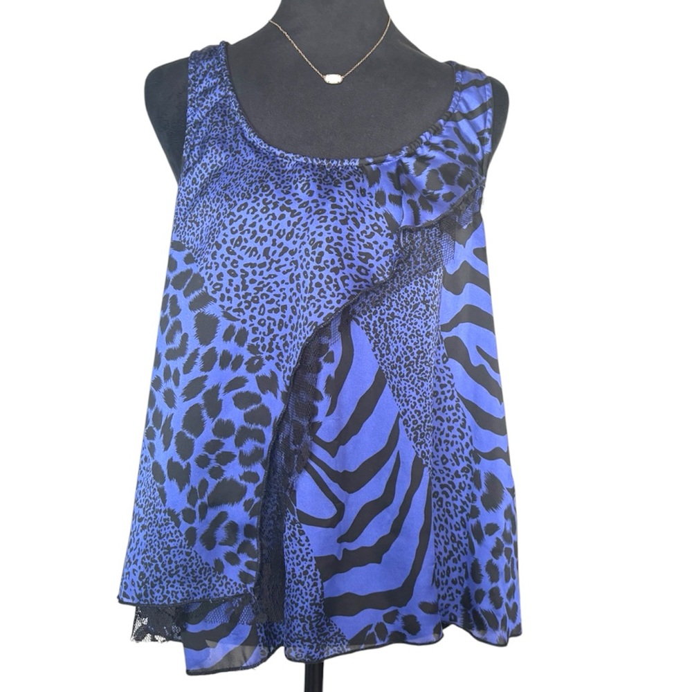 Wet Seal Y2K Medium Blue and Black Animal Print Lace Sleeveless Tank Top